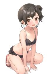 Rule 34 | absurdres, all fours, b1ack illust, bikini, black bikini, black hair, blush, character request, duplicate, earrings, hair bun, highres, jewelry, looking at viewer, open mouth, red eyes, sandals, short hair, simple background, single hair bun, swimsuit, white background
