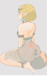 Rule 34 | 1girl, ankle strap, back, bare back dress, bare shoulders, barefoot, blonde hair, closed mouth, dress, from behind, grey background, hatenokatasumi, highres, nintendo, pointy ears, princess zelda, short hair, simple background, sketch, solo, the legend of zelda, the legend of zelda: tears of the kingdom