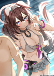 Rule 34 | 1boy, 1girl, absurdres, adapted costume, ahoge, arm strap, arm under breasts, bare shoulders, bikini, bikini top only, blue eyes, blush, bracelet, breasts, brown hair, cleavage, closed mouth, collarbone, cowboy shot, detached collar, ears down, embarrassed, grey bikini, grey hairband, grey skirt, hairband, hand up, highres, horse girl, horse tail, horseshoe ornament, jewelry, large breasts, long hair, mihono bourbon (umamusume), miniskirt, navel, skirt, solo focus, swimsuit, tail, twitter username, umamusume, very long hair, yamano rokamizu