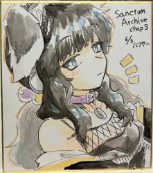 Rule 34 | 1girl, animal ears, artist name, black hair, black jacket, black shirt, blue archive, blue eyes, blush, bright pupils, collar, collarbone, dated, dog ears, dog tags, english text, goggles, goggles on head, hair bobbles, hair ornament, hariyaa, hibiki (blue archive), highres, jacket, light smile, long hair, looking at viewer, no halo, off shoulder, purple collar, shirt, solo
