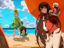 Rule 34 | absurdres, bare legs, beach, beach umbrella, bikini, bikini bottom only, black hair, blonde hair, blue sky, buster shirt, can, chinese commentary, closed mouth, cloud, commentary request, day, drink can, fate/grand order, fate (series), food, food in mouth, full body, hat, highres, innertube, jacket, ke zhongxiao niao, long hair, mini nobu (fate), ocean, oda nobunaga (fate), oda nobunaga (koha-ace), oda nobunaga (swimsuit berserker) (fate), oda uri, okita souji (fate), okita souji (koha-ace), outdoors, peaked cap, popsicle, popsicle in mouth, quick shirt, red eyes, red jacket, short hair, sky, smile, soda can, standing, summer, sunlight, surfboard, swim ring, swimsuit, umbrella, very long hair, water, yellow eyes