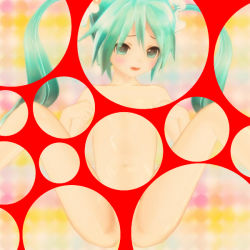 Rule 34 | 00s, 1girl, 3d, aqua eyes, aqua hair, bubble filter, censored, censored nipples, convenient censoring, flat chest, hair bobbles, hair ornament, hatsune miku, long hair, looking at viewer, matching hair/eyes, navel, nude, open mouth, solo, touka1014, twintails, vocaloid