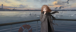 Rule 34 | 1girl, alternate costume, awoilo, bird, black scarf, brown hair, coat, expressionless, floating hair, floating scarf, grey coat, hand in pocket, highres, idolmaster, idolmaster shiny colors, looking afar, outdoors, sakuragi mano, scarf, scenery, seagull, ship, solo, water, watercraft
