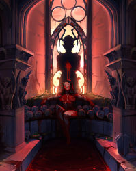 Rule 34 | 1girl, bath, bath of blood, black hair, blood, blood on breasts, blood on face, breasts, breasts apart, closed eyes, commentary, english commentary, full body, gargoyle, goth fashion, highres, large breasts, legs together, long hair, nipples, nude, original, pedestal, pointy ears, reclining, sitting, skull, snortzog, solo, stained glass, vampire, vanessa (litchipix)