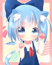 Rule 34 | 1girl, :3, akisha, animal ears, bad id, bad pixiv id, blue eyes, blue hair, bow, cat ears, cat tail, cirno, dress, hair bow, heart, ice, kemonomimi mode, looking at viewer, matching hair/eyes, short hair, smile, solo, tail, touhou, wings