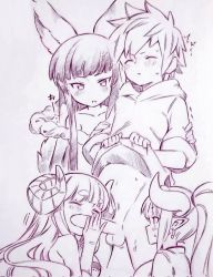 Rule 34 | 1boy, 3girls, anila (granblue fantasy), animal ears, azusa (granblue fantasy), belly, blunt bangs, blush, bottomless, closed eyes, closed mouth, clothes lift, clothes pull, commentary request, corrupted twitter file, curled horns, draph, earrings, embarrassed, erection, erune, fellatio, gran (granblue fantasy), granblue fantasy, hetero, highres, horns, jewelry, kissing penis, kneeling, lifting own clothes, long hair, looking at another, looking at penis, monochrome, multiple girls, navel, oral, penis, pointy ears, ponytail, standing, sweat, testicles, thick eyebrows, traditional media, trembling, tsukareta san, yuel (granblue fantasy)