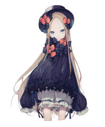 Rule 34 | 1girl, abigail williams (fate), black bow, black dress, black hat, blonde hair, bloomers, blue eyes, bow, bug, butterfly, commentary request, cropped legs, dress, fate/grand order, fate (series), forehead, hair bow, hat, head tilt, highres, hoshi rousoku, insect, long hair, long sleeves, looking at viewer, multiple hair bows, orange bow, parted bangs, parted lips, polka dot, polka dot bow, simple background, sleeves past fingers, sleeves past wrists, solo, underwear, very long hair, white background, white bloomers
