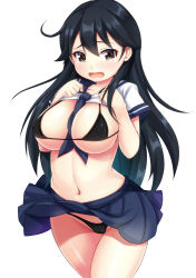 Rule 34 | 10s, 1girl, ahoge, bikini, bikini under clothes, black bikini, black hair, blush, breasts, cameltoe, clothes lift, covered erect nipples, ebi 193, female focus, kantai collection, large breasts, looking at viewer, navel, open mouth, school uniform, serafuku, shirt lift, simple background, skirt, solo, swimsuit, swimsuit under clothes, tears, ushio (kancolle), white background
