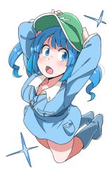 Rule 34 | 1girl, arms up, blue dress, blue eyes, blue footwear, blue hair, blue shirt, blue skirt, blush, boots, breasts, collared shirt, d:, dress, dress shirt, eyebrows, fingernails, flat cap, full body, green hat, hair bobbles, hair ornament, hands on headwear, hat, highres, jumping, kawashiro nitori, key, knee boots, legs up, long fingernails, long sleeves, looking at viewer, looking to the side, medium breasts, medium hair, midair, nail polish, open mouth, pocket, red nails, rubber boots, shirt, simple background, skirt, solo, sparkle, surprised, thighs, touhou, twintails, two side up, white background, wing collar, zk (zk gundan)