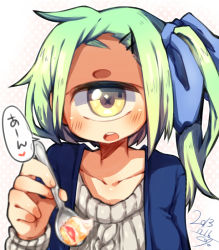 Rule 34 | 1girl, aran sweater, blue bow, blue jacket, blush, bow, cable knit, cyclops, dated, green hair, grey sweater, hair bow, hair ornament, hairclip, holding, holding spoon, incoming food, jacket, long hair, looking at viewer, muroku (aimichiyo0526), one-eyed, one side up, open clothes, open jacket, open mouth, original, round teeth, signature, simple background, solo, spoon, sweater, teeth, upper body, upper teeth only, white background, x hair ornament, yellow eyes