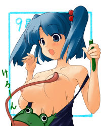 Rule 34 | 1girl, black eyes, blue eyes, blue hair, blush, breasts, breasts apart, clothes pull, cucumber, female focus, frog, hair bobbles, hair ornament, hat, kawashiro nitori, long tongue, matching hair/eyes, medium breasts, nipples, one-piece swimsuit pull, open mouth, pulling another&#039;s clothes, ribbon, school swimsuit, september, solo, swimsuit, tongue, tongue out, touhou, twintails, two side up