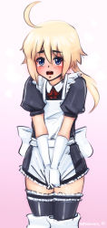 Rule 34 | 1boy, ahoge, apron, artist name, barbariank, black thighhighs, blonde hair, blue eyes, blush, boots, child, cowboy shot, crossdressing, drawfag, eyebrows, final fantasy, final fantasy tactics advance, full-face blush, gloves, gradient background, heart, highres, maid, maid apron, male focus, marche radiuju, non-web source, open mouth, pink background, ribbon, signature, simple background, solo, standing, thick eyebrows, thighhighs, trap, white background