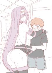 Rule 34 | 1boy, 1girl, ass, bare shoulders, black dress, black thighhighs, blindfold, breasts, brown eyes, cleavage, clothes pull, collar, detached sleeves, dress, dress pull, emiya shirou, facial mark, fate/stay night, fate (series), forehead, forehead mark, highres, large breasts, long hair, looking at viewer, medusa (fate), medusa (rider) (fate), mo (kireinamo), orange hair, parted bangs, purple eyes, purple hair, short dress, short hair, sidelocks, sweat, thighhighs, thighs, undressing, very long hair
