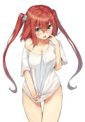 Rule 34 | 1girl, bare shoulders, blush, breasts, brown eyes, brown hair, cleavage, fang, highres, large breasts, long hair, loose shirt, naked shirt, off shoulder, open mouth, original, ruma imaginary, shirt, shirt tug, simple background, solo, tears, twintails, white background, white shirt