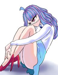 Rule 34 | 1girl, blue background, blue hair, blue skirt, breasts, full body, heel up, heels, horns, large breasts, long hair, looking at viewer, mask, mouth mask, multicolored hair, one piece, pink eyes, ribbon, shirt, sitting, skirt, solo focus, sorambk, thighhighs, ulti (one piece), white shirt