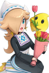 Rule 34 | 1girl, :d, apron, black dress, blonde hair, blue eyes, blush, bouquet, bow, choker, commentary request, dress, earrings, eyelashes, flower, gonzarez, hair over one eye, hands up, hat, high heels, highres, holding, holding bouquet, holding flower, jewelry, lips, long hair, long sleeves, looking at viewer, luma (mario), mario (series), mario kart, mario kart tour, multicolored clothes, multicolored dress, nintendo, official alternate costume, one eye covered, open mouth, parted bangs, red choker, red flower, rosalina, rosalina (volendam), seiza, shoes, sidelocks, simple background, sitting, smile, star (symbol), star choker, star earrings, striped clothes, striped dress, swept bangs, tulip, vertical-striped clothes, vertical-striped dress, waist apron, white apron, white background, white bow, white headwear, yellow flower, yellow footwear