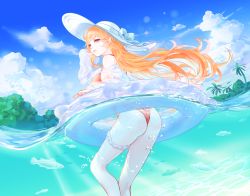 Rule 34 | 1girl, ass, azur lane, bare shoulders, blonde hair, blue sky, blush, breasts, cleavage, closed mouth, cloud, day, fish, hair ornament, hat, highleg, highleg swimsuit, highres, in water, innertube, kotosuzu, large breasts, lifebuoy, long hair, looking at viewer, md5 mismatch, ocean, one-piece swimsuit, outdoors, palm tree, pink eyes, pink one-piece swimsuit, resolution mismatch, richelieu (azur lane), richelieu (fleuron of the waves) (azur lane), sky, solo, source smaller, sun hat, swim ring, swimsuit, tree, tropical, very long hair, water, white hat