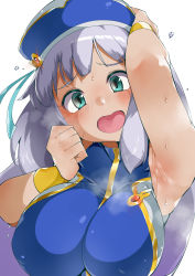 Rule 34 | 1girl, absurdres, aqua eyes, armpits, blue hair, blush, breasts, covered erect nipples, embarrassed, grey hair, gundam, gundam exa, hat, highres, kobo (cobo 0609), large breasts, long hair, looking at viewer, open mouth, skin tight, solo, sthesia awar, sweat
