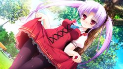 Rule 34 | 1girl, bench, black pantyhose, blush, breasts, clothes lift, cloud, cowboy shot, cross-laced clothes, crotch seam, day, dress, dress lift, embarrassed, game cg, grass, hime-sama love life!, lace, lace-trimmed dress, lace trim, lifted by self, light purple hair, long hair, looking at viewer, mikeou, necktie, ou maika, outdoors, panties, panties under pantyhose, pantyhose, park bench, parted bangs, pleated dress, puffy sleeves, raised eyebrows, red eyes, shirt, short sleeves, shy, sidelocks, silver hair, skirt, skirt lift, sky, solo, thigh gap, tree, turtleneck, twintails, underwear, very long hair, worried
