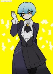 Rule 34 | 1girl, angela (project moon), ascot, black skirt, black vest, blue coat, blue hair, closed mouth, coat, collared shirt, hand up, kekeken, library of ruina, long sleeves, project moon, shirt, short hair, simple background, skirt, solo, vest, white ascot, white shirt, yellow background