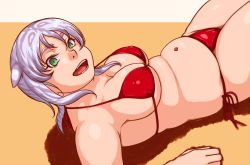 Rule 34 | 1girl, :d, animal ears, bikini, breasts, cat ears, cat girl, cleavage, fang, female focus, green eyes, hakusan tora, kamisuki, large breasts, looking at viewer, lying, meat day, navel, on back, open mouth, original, plump, silver hair, simple background, smile, solo, swimsuit