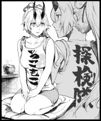 Rule 34 | 1girl, bare legs, barefoot, between legs, bowl, breasts, casual, clothes writing, collarbone, cushion, fate/grand order, fate (series), food, from behind, full body, greyscale, hair between eyes, hair ribbon, hair tie, hand between legs, horns, long hair, mitsudomoe (shape), monochrome, multiple views, nape, oni horns, open mouth, own hands together, ponytail, ribbon, seiza, shirt, short sleeves, shorts, sitting, sleeves rolled up, syatey, t-shirt, thighs, tomoe (symbol), tomoe gozen (fate), translation request, zabuton