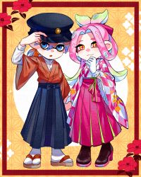 Rule 34 | 1boy, 1girl, absurdres, black hat, blue bow, blue eyes, blue skirt, border, bow, checkered haori, chinese commentary, circle, citrusplatsoda, closed mouth, colored tips, commentary request, floral background, gloves, green hair, hair between eyes, hakama, hakama skirt, haori, hat, highres, inkling, inkling boy, inkling player character, inset border, japanese clothes, long hair, multicolored hair, nintendo, octoling, octoling girl, octoling player character, peaked cap, pink hair, pink skirt, platform footwear, platform heels, red border, red haori, sandals, skirt, smile, splatoon (series), topknot, white gloves, wide sleeves, yellow background, yellow eyes, zouri