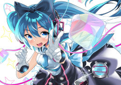 Rule 34 | 1girl, :d, absurdres, blue eyes, blue hair, breasts, fang, gloves, hatsune miku, headphones, highres, kikimi, long hair, looking at viewer, magical mirai (vocaloid), magical mirai miku, magical mirai miku (2016), matching hair/eyes, necktie, open mouth, smile, solo, twintails, v, very long hair, vocaloid, white gloves