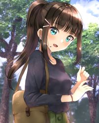 Rule 34 | 10s, 1girl, :d, alternate hairstyle, aqua eyes, bag, black hair, black shirt, blue sky, blunt bangs, breasts, cloud, cloudy sky, collarbone, commentary request, day, hair ornament, hairclip, head tilt, high ponytail, highres, kurosawa dia, long hair, long sleeves, looking at viewer, love live!, love live! school idol festival, love live! sunshine!!, mole, mole under mouth, open mouth, ponytail, shirt, shoulder bag, sidelocks, sin (sin52y), sky, small breasts, smile, solo, standing, tree, upper body, very long hair