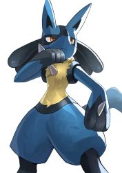 Rule 34 | closed mouth, commentary request, creatures (company), from below, furry, game freak, gen 4 pokemon, hand up, highres, legs apart, lucario, nintendo, orange eyes, pokemon, pokemon (creature), solo, spikes, tesshii (riza4828), white background, yellow fur