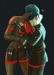 Rule 34 | 2girls, android, ariane yeong, black background, black hair, covered eyes, covered face, elster (signalis), hand on another&#039;s back, heart, height difference, joints, kiss, maarika, mechanical arms, mechanical legs, military uniform, multiple girls, penrose triangle, robot, robot joints, signalis, simple background, twitter username, uniform, white hair, yuri