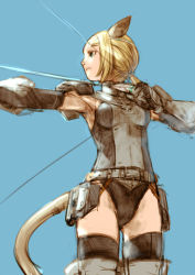 Rule 34 | 00s, 1girl, animal ears, bad id, bad pixiv id, blonde hair, bow (weapon), branch (blackrabbits), final fantasy, final fantasy xi, green eyes, mitchra, mithra (ff11), solo, tail, thighhighs, weapon