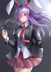 Rule 34 | 1girl, absurdres, animal ears, black jacket, cigarette, commentary, cowboy shot, dress shirt, grey background, hair over one eye, highres, holding, holding cigarette, jacket, koizumo, long hair, looking at viewer, miniskirt, necktie, pink skirt, purple hair, rabbit ears, red eyes, red necktie, reisen udongein inaba, romaji commentary, shirt, skirt, smoke, solo, suit jacket, touhou, white shirt