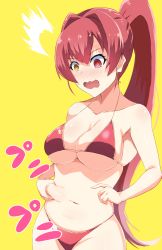 Rule 34 | 1girl, @ @, ^^^, a-kiraa (whisper), absurdres, belly, belly grab, bikini, blush, breasts, collarbone, full-face blush, heterochromia, highres, hololive, houshou marine, houshou marine (summer), long hair, looking down, medium breasts, navel, open mouth, plump, ponytail, red bikini, red eyes, red hair, skindentation, solo, sound effects, stomach, swimsuit, thick thighs, thighs, very long hair, virtual youtuber, wavy mouth, weight conscious, yellow background, yellow eyes