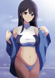 Rule 34 | 1girl, absurdres, backlighting, bikini, bikini bottom only, black hair, commentary, dacill, eyelashes, hair between eyes, highres, inoue takina, lavender background, looking at viewer, lycoris recoil, navel, one-piece swimsuit, purple eyes, removing jacket, simple background, sports bra, steam, stomach, sweat, swimsuit, thighs, turtleneck, turtleneck one-piece swimsuit
