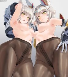 Rule 34 | 2girls, animal ear fluff, animal ears, arm up, armpits, bare shoulders, blush, breasts, brown pantyhose, cat ears, cleft of venus, closed mouth, crotch seam, detached sleeves, gloves, grey background, grey hair, hand on own hip, highres, holding hands, jacket, jtveemo, long sleeves, looking at viewer, medium breasts, medium hair, mio (xenoblade), mother and daughter, multiple girls, navel, nia (xenoblade), nipples, no panties, open mouth, pantyhose, short hair, simple background, smile, sweat, thighs, topless, vambraces, variant set, xenoblade chronicles (series), xenoblade chronicles 3, yellow eyes