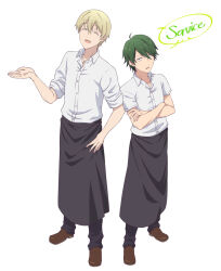 2boys akizuki_kouyou apron black_apron black_pants blend_s blonde_hair brown_shoes closed_eyes collared_shirt commentary_request crossed_arms dino_(blend_s) english_text full_body green_hair hand_on_own_hip hand_up male_focus multiple_boys open_mouth pants shirt shoes short_hair simple_background smile ushio_(0632cd-0729jf) waist_apron white_background white_shirt