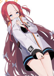 Rule 34 | 1girl, absurdres, blue archive, blue eyes, commentary request, covering privates, forehead, hair ribbon, halo, highres, jacket, long hair, looking down, red hair, ribbon, school uniform, simple background, solo, white background, yuki hishaku, yuzu (blue archive)