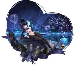 Rule 34 | 1girl, absurdres, aerial fireworks, animal ears, aqua eyes, aqua hair, areola slip, arm support, azur lane, bird, black bodysuit, black hair, black pantyhose, blunt bangs, blush, boater hat, bodysuit, bow, bowtie, breast curtains, breasts, building, cat girl, cheshire (azur lane), cheshire (the cat in the magic hat) (azur lane), city, city lights, cityscape, cleavage, closed mouth, covered erect nipples, covered navel, fake animal ears, finger to mouth, fireworks, full body, groin, hat, high heels, highres, large breasts, leotard, long sleeves, looking at viewer, lying, manjuu (azur lane), meme attire, multicolored hair, nail polish, navel, night, night sky, non-web source, nontraditional playboy bunny, official alternate costume, official art, on side, outdoors, pantyhose, purple bow, purple bowtie, purple footwear, reclining, reflection, reflective water, revealing clothes, reverse bunnysuit, reverse outfit, ribbon, see-through, see-through leotard, short hair, shrug (clothing), sitting, skindentation, sky, smile, solo, stomach, streaked hair, thigh strap, thighs, top hat, transparent background, two-tone hair, water, wide hips, wrist cuffs, yyy (zelda10010)