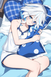 1girl blue_eyes blue_hair blush breasts camisole collarbone colored_inner_hair drop-shaped_pupils furina_(genshin_impact) genshin_impact heart heart-shaped_pillow heterochromia highres hugging_object looking_at_viewer lying mismatched_pupils multicolored_hair on_bed on_side pillow pillow_hug short_hair shorts small_breasts solo streaked_hair symbol-shaped_pupils tearing_up wavy_hair wavy_mouth white_camisole white_hair white_shorts yuu_maraa