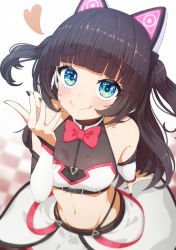 Rule 34 | 1girl, absurdres, animal ear headphones, animal ears, aqua eyes, bare shoulders, black nails, blunt bangs, bow, bowtie, brown hair, cat ear headphones, checkered floor, crop top, fake animal ears, from above, headphones, heart, highres, hime cut, hololive, long hair, looking at viewer, lunch boxer, midriff, nail polish, natsuiro matsuri, natsuiro matsuri (re:start), navel, official alternate costume, official alternate hairstyle, pink nails, smile, solo, two side up, virtual youtuber