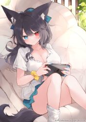 Rule 34 | 1girl, animal ear fluff, animal ears, ass, black hair, blue bow, blue eyes, blue nails, blue skirt, bow, breasts, closed mouth, collarbone, collared shirt, commentary request, commission, couch, dress shirt, feet out of frame, fox ears, fox girl, fox tail, fukunoki tokuwa, hair bow, heterochromia, highres, holding, knees up, large breasts, long hair, looking at viewer, lying, medium breasts, nail polish, nintendo switch, on back, on couch, original, pillow, pleated skirt, ponytail, red eyes, scrunchie, shirt, short sleeves, skeb commission, skirt, smile, socks, solo, tail, white shirt, white socks, wrist scrunchie, yellow scrunchie