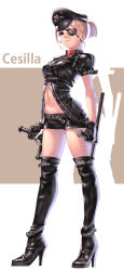 Rule 34 | 1girl, alternate hairstyle, baton (weapon), black footwear, black hat, black shirt, black shorts, black thighhighs, blonde hair, blue eyes, boots, breasts, cecilia (pangya), character name, collarbone, cuffs, dual wielding, eyepatch, full body, groin, handcuffs, hat, high heel boots, high heels, highres, holding, kamdia, large breasts, leather, leather boots, leather shirt, leather shorts, navel, pangya, shirt, short hair, short ponytail, short shorts, short sleeves, shorts, silhouette, solo, standing, thigh boots, thighhighs, turtleneck, weapon