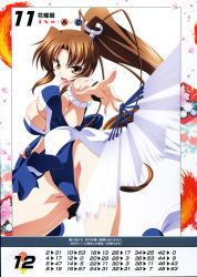 Rule 34 | 1girl, alternate color, bare shoulders, breasts, brown eyes, brown hair, cleavage, fatal fury, hand fan, highres, izumi mahiru, japanese clothes, large breasts, long hair, looking at viewer, ninja, non-web source, official art, open mouth, ponytail, queen&#039;s blade, queen&#039;s gate, revealing clothes, scan, shiranui mai, sideboob, simple background, solo, the king of fighters