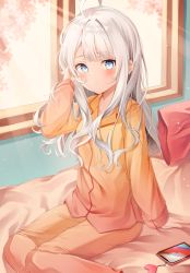 Rule 34 | 1girl, :o, ahoge, arm support, blue eyes, blush, cellphone, commentary request, day, hand in own hair, highres, indoors, long hair, long sleeves, looking at viewer, on bed, orange pajamas, orange pants, original, pajamas, pants, phone, pillow, sayu (mini 2704), sitting, smartphone, solo, white hair, window