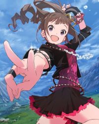 Rule 34 | 10s, 1girl, :d, artist request, belt, bracelet, brown hair, female focus, fingerless gloves, gloves, hair ornament, idolmaster, idolmaster million live!, jacket, jewelry, looking at viewer, musical note, necklace, official art, open mouth, purple eyes, side ponytail, signature, skirt, smile, solo, yokoyama nao