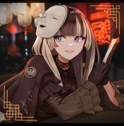 Rule 34 | 1girl, black border, black gloves, black hair, blue eyes, blurry, blurry background, border, choker, dress, frilled dress, frilled sleeves, frills, gloves, grey hair, hand fan, highres, holding, holding fan, hololive, hololive dev is, juufuutei raden, kiwinian, lace, lace choker, long hair, looking to the side, mask, mask on head, multicolored hair, neon lights, night, pink lips, smile, solo, streaked hair, two-tone hair, virtual youtuber