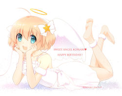 Rule 34 | 10s, 1girl, 2016, ahoge, angel, angel wings, aqua eyes, artist name, bare shoulders, barefoot, blonde hair, blue eyes, bow, character name, head rest, collarbone, dated, dress, hair bow, halo, happy birthday, heart, kamikita komari, legs up, little busters!, looking at viewer, lying, on stomach, open mouth, remotaro, short hair, smile, solo, star (symbol), string, string of fate, teeth, the pose, white dress, wings, wristband