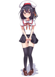 Rule 34 | 1girl, absurdres, beret, black hair, black skirt, black thighhighs, blush, brown eyes, brown footwear, closed mouth, clothes lift, collarbone, collared shirt, commentary request, fate/kaleid liner prisma illya, fate (series), full body, hair between eyes, hair ornament, hairclip, hat, highres, homurahara academy school uniform, lifting own clothes, loafers, looking at viewer, miyu edelfelt, natsu (sinker8c), one side up, panties, pigeon-toed, pleated skirt, puffy short sleeves, puffy sleeves, school uniform, shadow, shirt, shoes, short sleeves, skirt, skirt lift, solo, standing, thigh gap, thighhighs, underwear, white background, white hat, white panties, white shirt