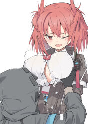 Rule 34 | 1girl, 1other, absurdres, ambiguous gender, arknights, black coat, blush, breasts, bright pupils, coat, commentary request, doctor (arknights), fiammetta (arknights), grabbing, grabbing another&#039;s breast, head wings, highres, hood, hooded coat, large breasts, looking down, one eye closed, open mouth, red eyes, red hair, shirt, white pupils, white shirt, wings, yuuko (oruta)
